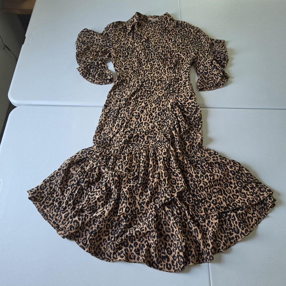 Michael Kors Collection Dress Womens 2 Brown Silk Leopard Ruffle Wrap Maxi